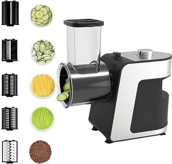 Rape Electrique Coupe-légumes électrique 250W - 5 Tambours Inclus - Acier Inoxydable Rape à Légumes électrique