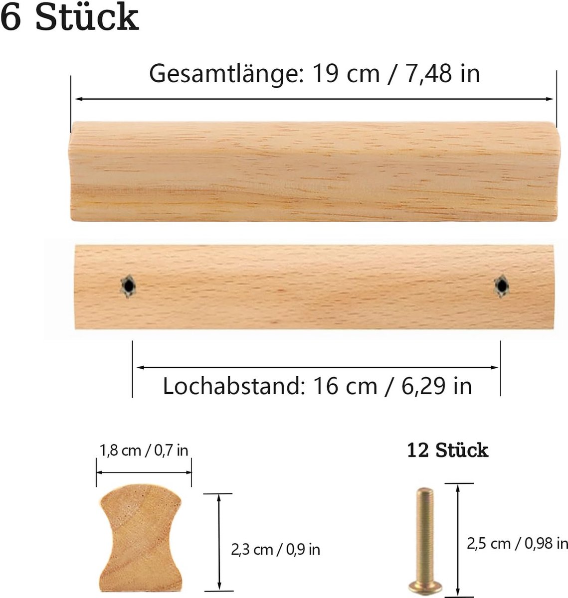 thumbnail: SYZOW Houten Kastgrepen Set Van 6 - Beukenhout Handgrepen Met 160mm Boorgat Afstand Voor Kastdeuren En Laden