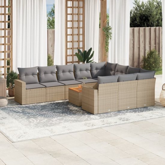 vidaXL - 11-delige - Loungeset - met - kussens - poly - rattan - gemengd - beige