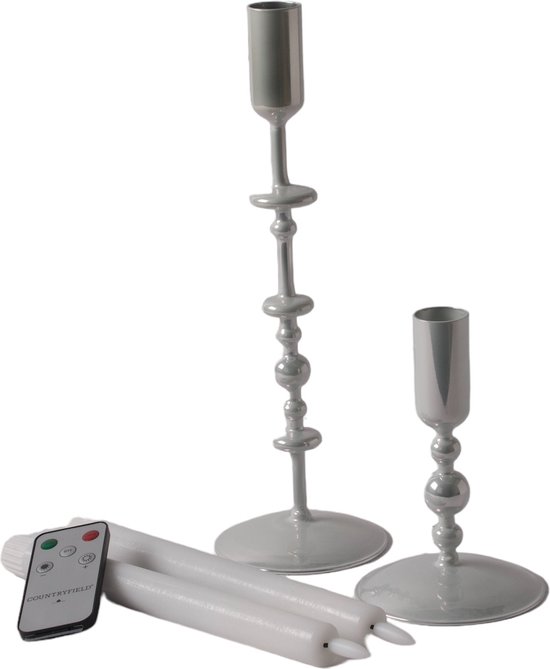 WinQ!- Kandelaars glas s/2 - inclusief led kaarsen- Glas kandelaar Metallic Off White geschikt voor dinerkaars-woonkamer decoratie-cadeau