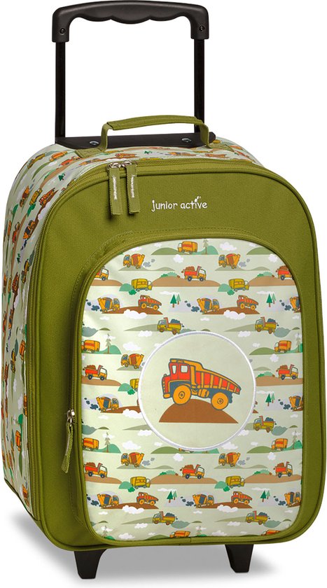 Groene kindertrolley met vrachtwagenprint, met 'Junior Active' logo, trekstang en wielen.