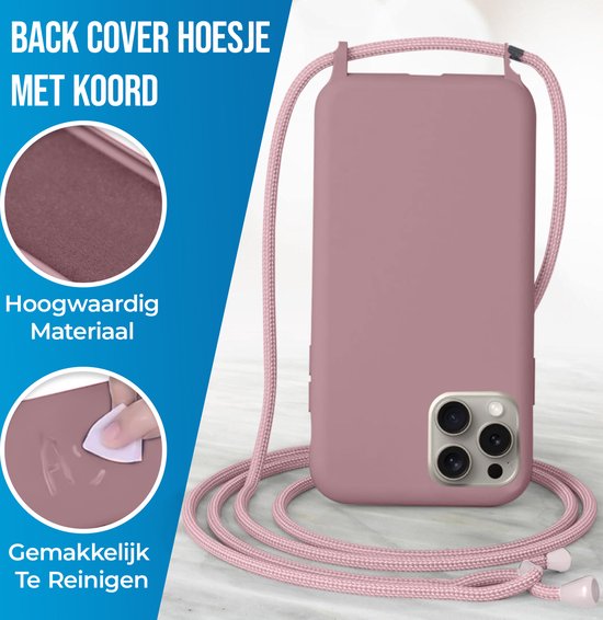 Roze TPU hoesje met koord, "Hoogwaardig Materiaal" en "Gemakkelijk Te Reinigen" tekst.