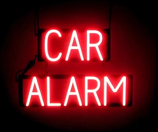 CAR ALARM - Lichtreclame Neon LED bord verlicht | SpellBrite | 55 x 38 cm | 6 Dimstanden - 8 Lichtanimaties | Reclamebord neon verlichting