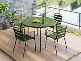 MYLIA Ensemble repas de jardin en métal - Une table D110 cm et 4 fauteuils empilables - Kaki - MIRMANDE L 110 cm x H 79 cm x P 110 cm