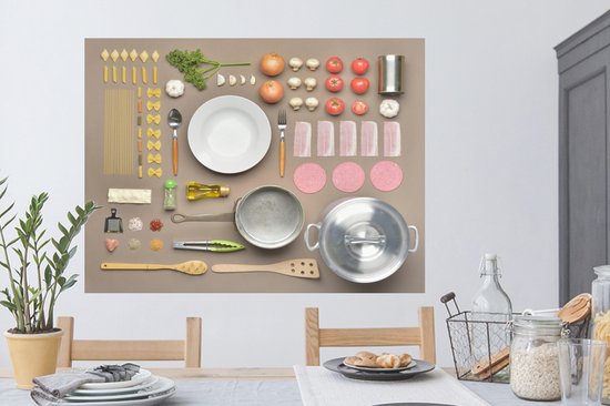 Sticker Muursticker Flat Lay Food - Table avec accessoires de cuisine - 120x90 cm - film autocollant - sticker mural repositionnable