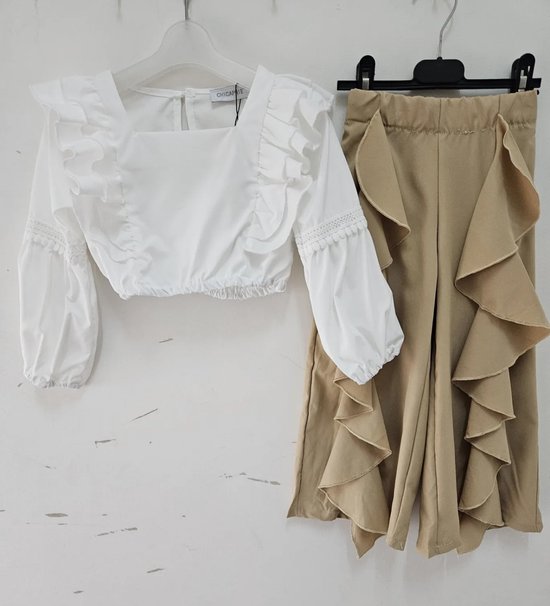 2 delige set witte top blouse met bruine camel broek met aan de voorkant ruches voorjaar zomer meiden meisjes maat 8/8Y