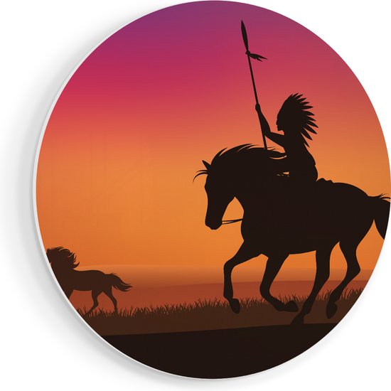 Artaza Forex Muurcirkel Silhouet van een Indiaan op een Paard - 90x90 cm - Groot - Wandcirkel - Rond Schilderij - Muurdecoratie Cirkel
