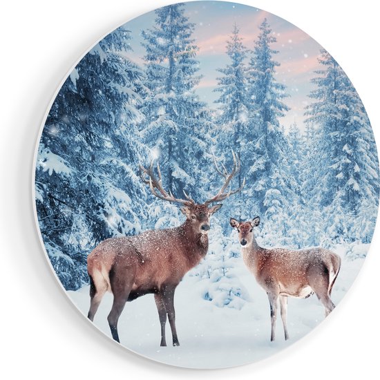 Artaza Forex Muurcirkel Twee Herten In Het Bos Met Sneeuw - 90x90 cm - Groot - Wandcirkel - Rond Schilderij - Muurdecoratie Cirkel