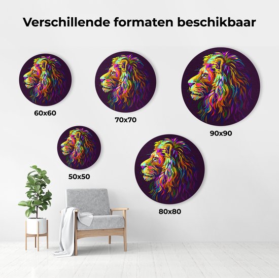 Artaza Forex Muurcirkel Gekleurde Leeuw - Leeuwenkop - Abstract - 70x70 cm - Wandcirkel - Rond Schilderij - Wanddecoratie Cirkel - Muurdecoratie