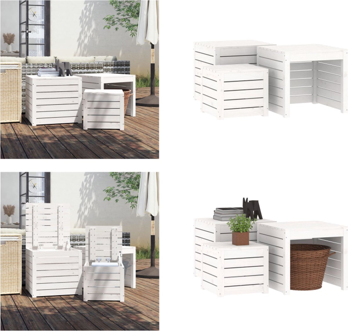 VidaXL 3-delige Tuinboxset massief grenenhout wit Tuinbox Tuinboxen Opbergbox Tuinopbergbox