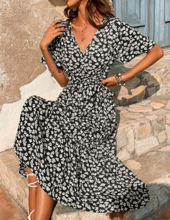 Sexy elegante prachtige bloemenjurk jurk met bloemen zwart wit maxi lange jurk maat S bol