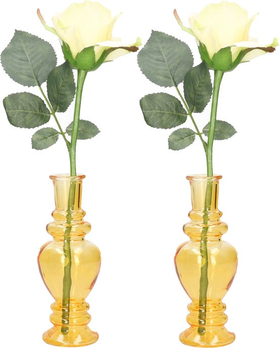 Ideas 4 Seasons Bloemenvaas Venice - 2x - voor kleine stelen/boeketten - gekleurd sierglas - helder okergeel - D5.7 x H15 cm