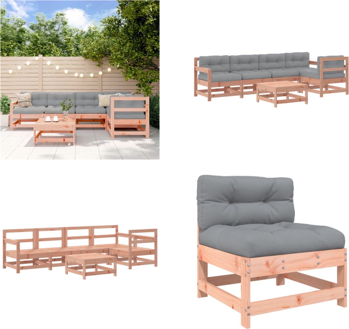 vidaXL 6-delige - Loungeset - met - kussens - massief - douglashout grijs
