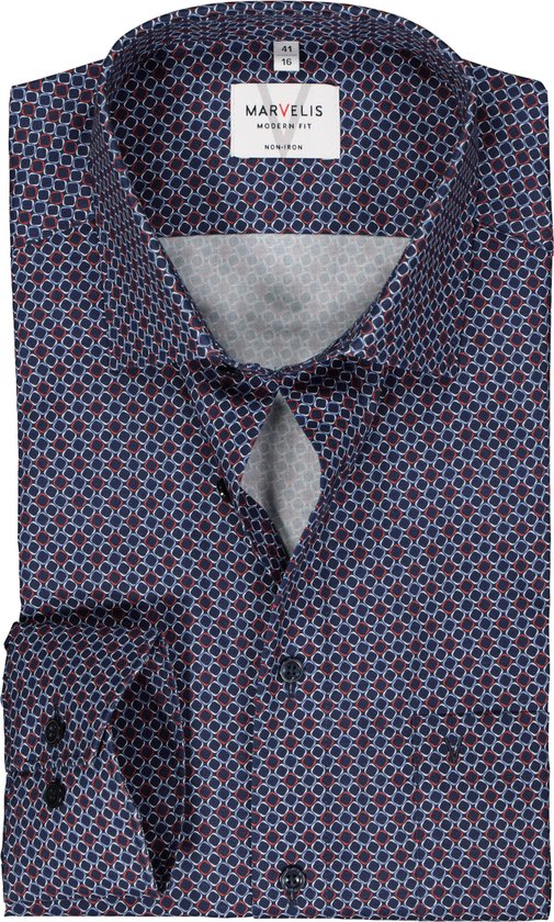MARVELIS modern fit overhemd - mouwlengte 7 - popeline - donkerblauw met rood - wit en lichtblauw dessin - Strijkvrij - Boordmaat: 40