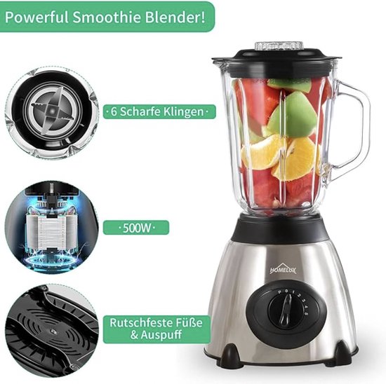 HOMELUX Smoothie Maker blender - 1,5 l Glas - Mixer - 350 W blender - Krachtige mixer - 5 snelheden + impulsfunctie - ice crush-functie - zilver van Homelux — afbeelding 3