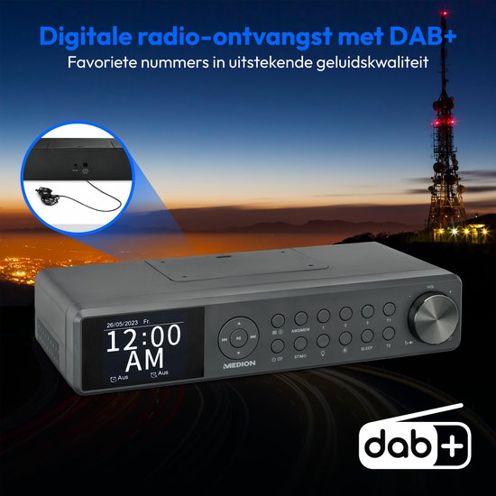MEDION P66750 Keuken onderbouwradio (DAB+ keukenradio, PLL FM radio, dimbaar TFT kleurendisplay, kookwekker, Bluetooth, LED strip, incl. bevestigingsmateriaal) grijs