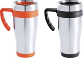 Warmhoudbekers/thermos isoleer koffiebekers/mokken - 2x stuks - RVS - zwart en oranje - 450 ml
