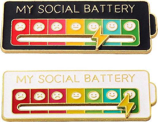 2 Stuks - Beweegbare 'My Social Battery' Reversspeldjes - Hoogwaardige Emaille Spelden Set - Aanpasbare Speldjes - Stemming Uitdrukkend, Duurzame Legering - Krasbestendig - Ideaal voor Rugzak & Kleding - Zwart & Wit