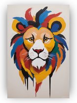 Leeuw kleurrijk - Leeuw wanddecoratie - Muurdecoratie kleurrijk - Landelijk schilderij - Schilderij op canvas - Wanddecoratie woonkamer - 50 x 70 cm 18mm