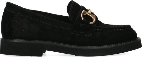 Manfield - Dames - Zwarte suède loafers met goudkleurig detail - Maat 38