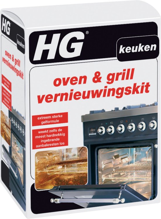 Verpakking van HG oven & grill vernieuwingskit met de tekst 'HG keukencuisine'.