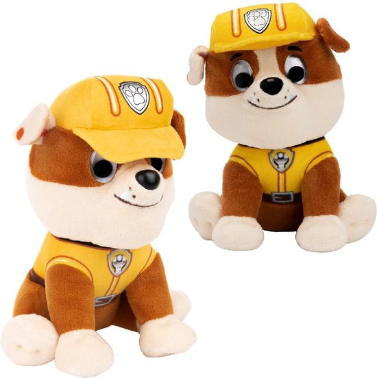 Twee Rubble PAW Patrol knuffels, beide in hun gele constructie-uniformen en helmen.