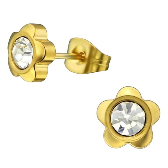Aramat Jewels - Zweerknopjes Oorbellen - Bloem Design - Kristal - Goudkleurig Staal - 7mm - Dames - Elegante Sieraden - Cadeau - Feestelijk - Chic - Bloemen oorbellen - Kristal oorknopjes