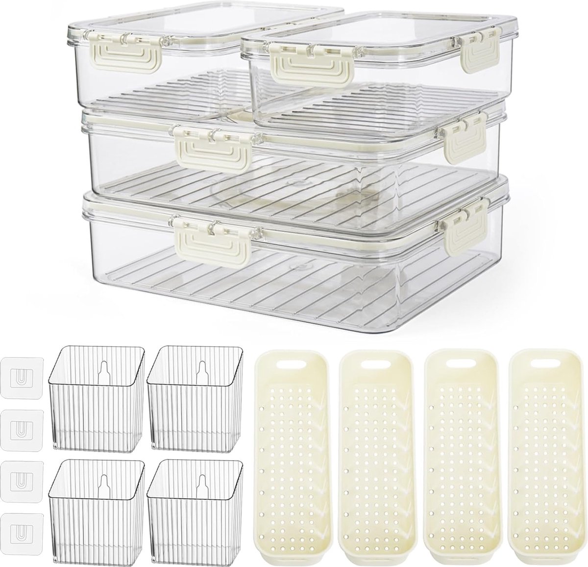 Koelkastorganizer, set van 12 stuks, 4 koelkastboxen met deksel, 4 deuren, opbergdoos, 4 afvoermand, koelkastorganizer