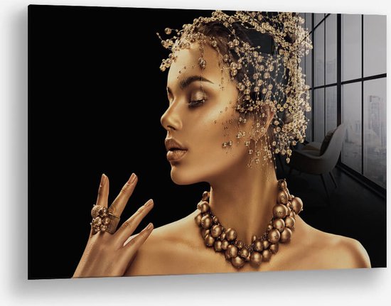 Wallfield™ - Pearl Woman | Glasschilderij | Gehard glas | 60 x 90 cm | Magnetisch Ophangsysteem