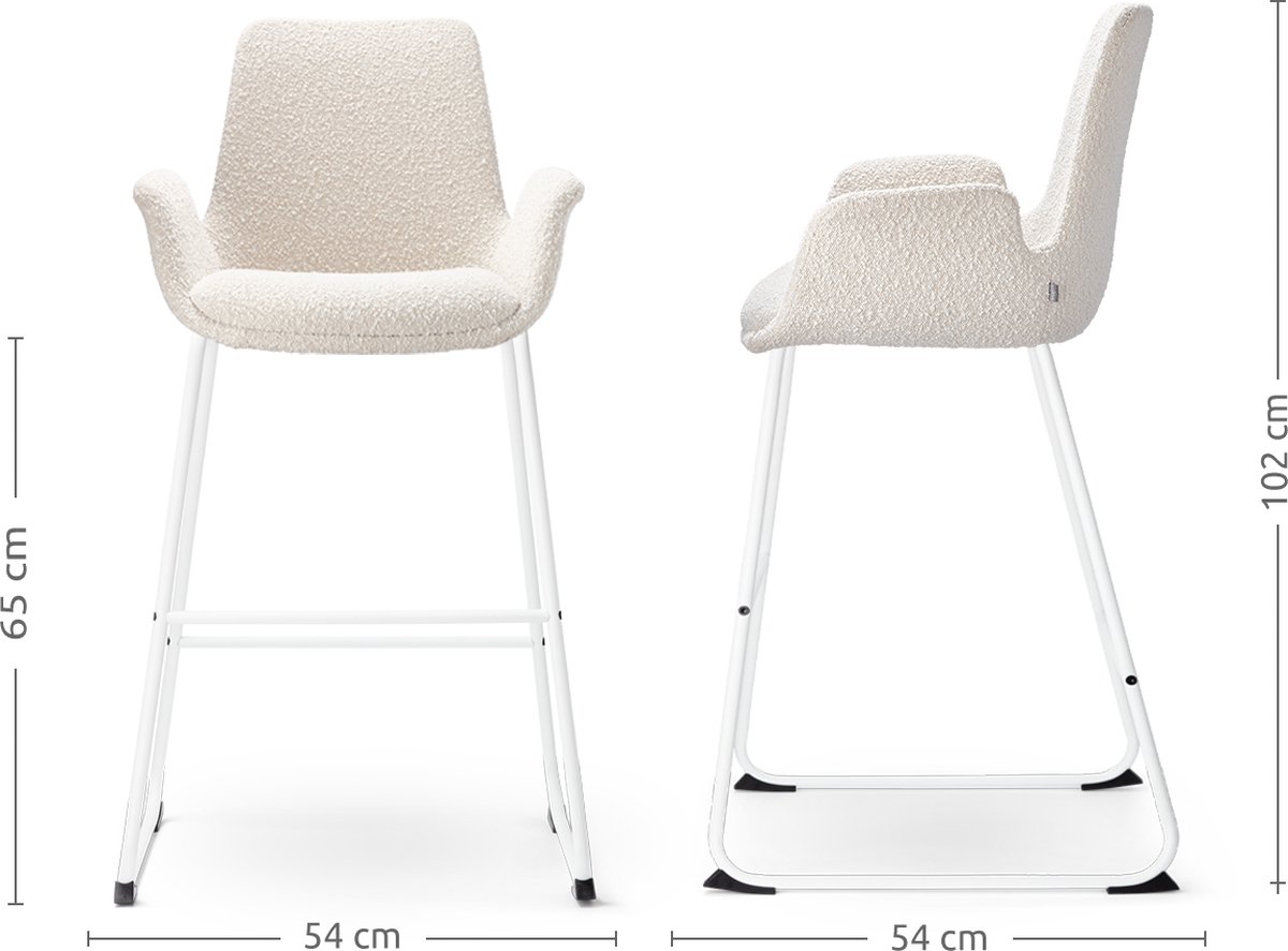 Nolon Nino-Eef Barkruk Bouclé Beige - met Armleuning - Wit Onderstel - 65 cm - Voor Kookeiland - Barkruk met Rugleuning - Lage Armleuning Bouclé - Beige - Wit onderstel