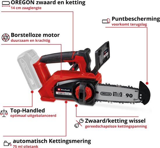 Einhell Accu Kettingzaag FORTEXXA 18/20 TH Li Solo - Power X-Change - 18 V/Li-Ion - Koolborstelloze motor - Zwaardlengte: 20 cm - Max. Zaaglengte: 14 cm - Excl. accu en lader van Einhell — afbeelding 2