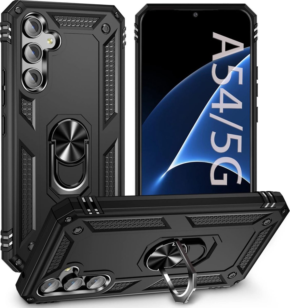 Anti-Shock Hybrid Ring Armor Hoesje Geschikt voor: Samsung Galaxy A54 - Zwart
