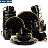 CasaVibe Luxe Serviesset – 32 delig – 8 persoons – Porselein - Bordenset – Dinner platen – Dessertborden - Kommen - Mokken - Set - Zwart - Goud