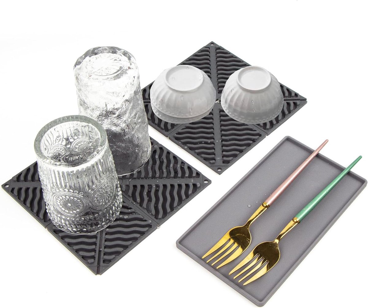 Goedkoopste Spoelmat, afdruipmat, drainagemat, siliconen afdruiprooster, 2 stuks, inklapbaar, hittebestendig en antislip, voor servies, droogmat met 1 rechthoekige onderzetter, grijs