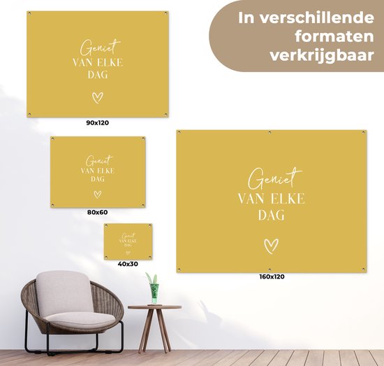 Affiche de jardin 80x60 cm - Décoration de jardin - Citation - Enjoy - Jaune - Texte - Coeur - Affiche pour le jardin - Décoration extérieure - Peinture de jardin de clôture - Décoration murale murale - Toile de jardin - Affiche extérieure