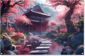 Tuinposter Japanse tuin - Tuindecoratie sakura - 120x80 cm - Poster voor in de tuin - Buiten decoratie kersenbloesem - Schutting tuinschilderij Japan - Tuindoek muurdecoratie - Wanddecoratie balkondoek