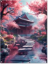 Tuinposter Japanse tuin - Tuindecoratie sakura - 90x120 cm - Poster voor in de tuin - Buiten decoratie kersenbloesem - Schutting tuinschilderij Japan - Tuindoek muurdecoratie - Wanddecoratie balkondoek
