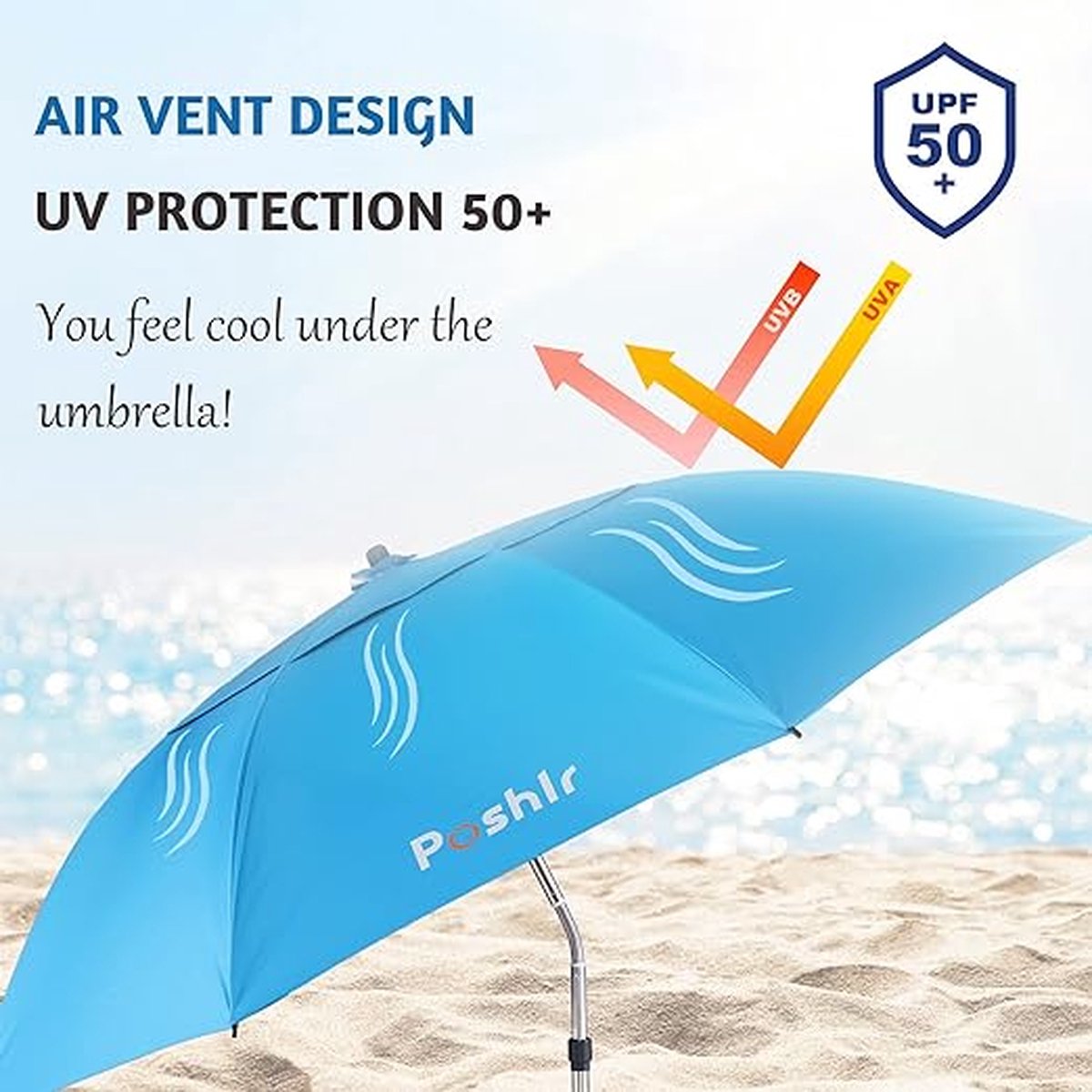 Strandparasol met stok in zand, blauw en wit gestreept – perfect voor stranddagen.