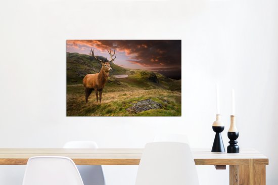 Wanddecoratie Metaal - Aluminium Schilderij Industrieel - Hert - Berg - Natuur - 60x40 cm - Dibond - Foto op aluminium - Industriële muurdecoratie - Voor de woonkamer/slaapkamer