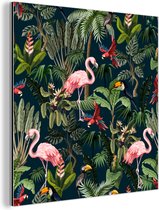 Wanddecoratie Metaal - Aluminium Schilderij Industrieel - Jungledieren - Patroon - Kinderen - Flamingo - Papegaai - Kids - 90x90 cm - Dibond - Foto op aluminium - Industriële muurdecoratie - Voor de woonkamer/slaapkamer
