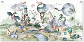 Tuinposter Kinderen - Luchtballon - Draak - Jongens - Kasteel - Waterverf - 80x40 cm - Wanddecoratie Buiten - Tuinposter - Tuindoek - Schuttingposter - Tuinschilderij