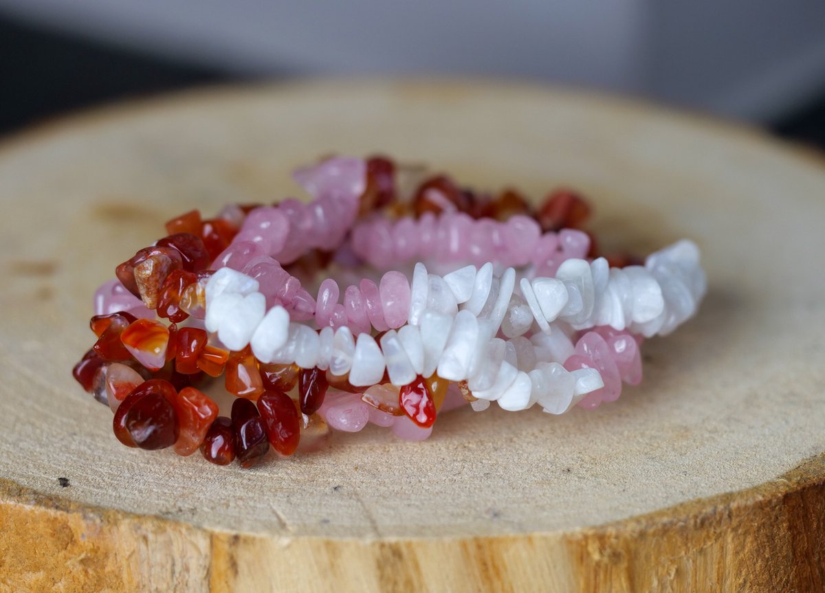 Zwangerschaps - Vruchtbaarheids Combinatie Chip Armband, Maansteen, Rozenkwarts, Carneool, edelstenen - Perfect cadeau voor vrouwen- Inclusief uitleg - Spiritueel - Carnelian, Rosequartz, Moonstone - 100% NATUURLIJK