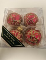 Kerstballen - echt glas - 4 stuks - rood met goud glitter - 5.5 cm