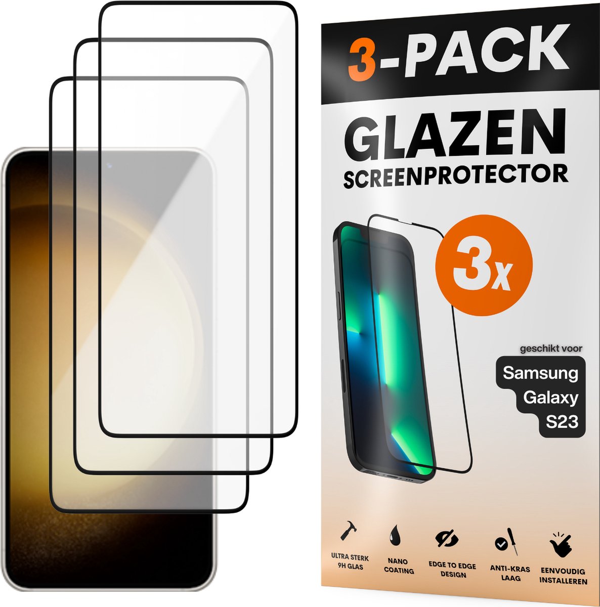 Screenprotector - Geschikt voor Samsung Galaxy S23 - Gehard Glas - Full Cover Tempered Glass - Case Friendly - 3 Pack