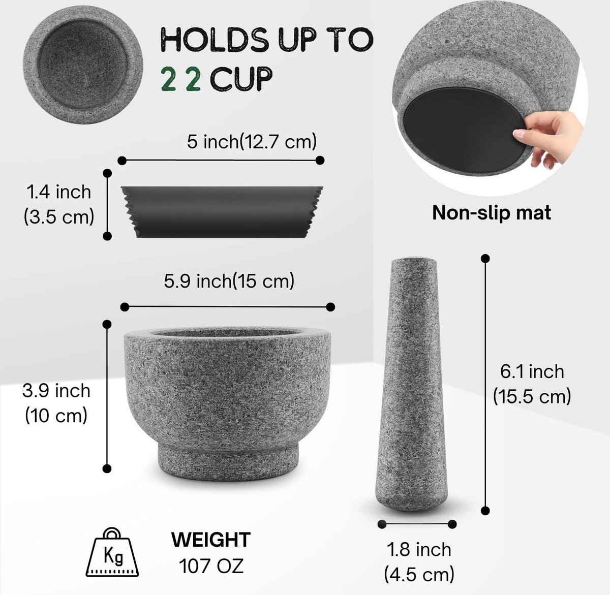 Mortier Et Pilon En Granit - 15,2 Cm (2 Tasses) Avec Couvercle En Silicone - Pour Broyer épices, Guacamole, Pesto
