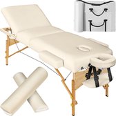 tectake - Table de massage 3 zones Matelas Somwang 7,5 cm et cadre en bois, y compris coussins à roulettes et tabouret - beige