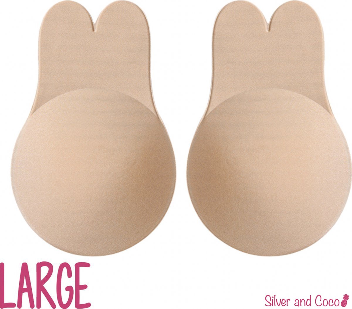 SilverAndCoco® - Push up Plak BH Bunny herbruikbaar / 2 stuks - 1 paar / Zelfklevende Invisible tepelplakkers / Onzichtbare Siliconen Tepel bedekkers Konijn BH Pads Silicone Nipple cover Strapless boob lift - Nude / Beige - Maat Large L