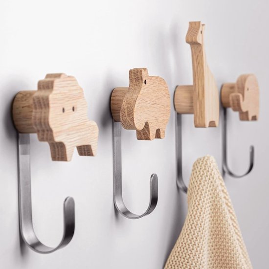 4 Stuks - Kapstok Haken - Dieren - Kinderkamer - Olifant, Leeuw Nijlpaard, Giraffe Eiken