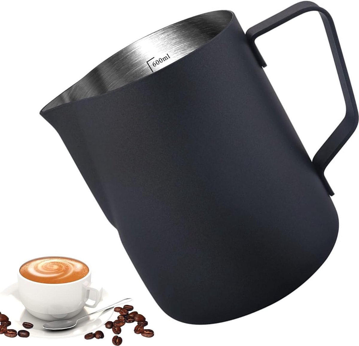Melkkannetje melkkan 600 ml 20 fl.oz. melkkan van roestvrij staal melkopschuimen voor cappuccino en laté reliëfschaal zwart