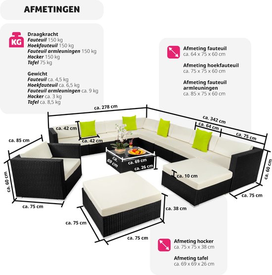 tectake - Ensemble de salon en osier - ensemble de sièges Las Vegas noir - 403839